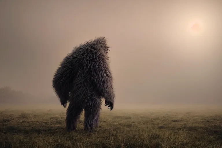 Image similar to a giant terrifying monster made out of detailed fur, standing faraway in the far distance, realism, photo realistic, high quality, misty, hazy, ambient lighting, cinematic lighting, studio quality, scary,