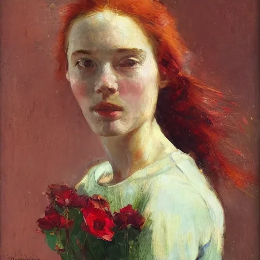 Image similar to profile of a girl with red hair, holding flowers joseph todorovitch