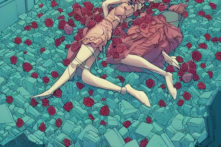 Image similar to comic book illustration, an android princess lying on a bed of roses, cyberpunk concept art by josan gonzales and Moebius, highly detailed, intricate, sci-fi, sharp focus, Trending on Artstation HQ, deviantart