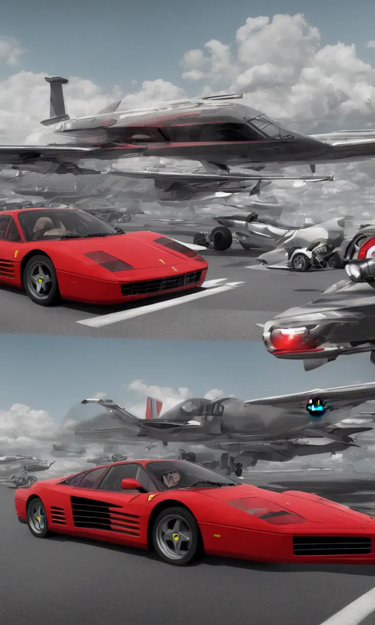 Prompt: a ferrari testarossa speeding over 3 0 0 mph coming in our direction under the avengers plane on a straight road in le cap - ferret, global illumination lighting artstation