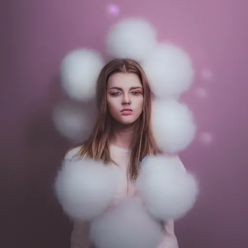 Image similar to photorealistic portrait of cute girl model, staring directly at camera, fluffy soft pink and white cotton balls floating around, natural lighting, blurry background, shot on iphone 1 3 pro, by annie leibovitz