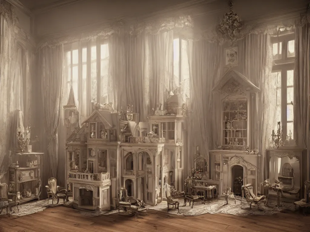 Prompt: hyperrealistic, highly detailed rendering, a rich beautiful victorian doll house with tiny people inside, strange, muted tones, victorian furnitures, low natural light, volumetric light windows, oak wood floor, luxe, 8 k, ultra wide angle