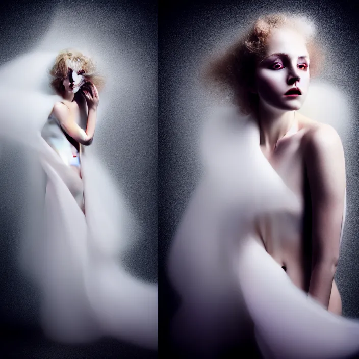 Image similar to photography of a beautiful woman with curly blond hair dressed in long white, fine art photography light painting in style of Paolo Roversi, professional studio lighting, volumetric lighting, dark background, hyper realistic photography, fashion magazine style