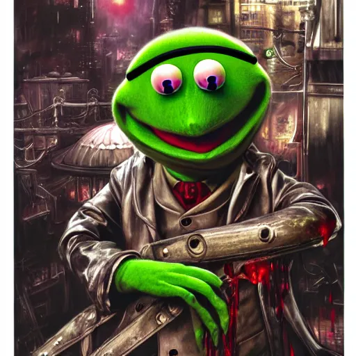 Image similar to High resolution DSLR photograph of Kermit The Frog as a vampire covered in blood Anime Bioshock steampunk realistic shaded lighting by katsuhiro otomo ghost-in-the-shell, magali villeneuve, artgerm, rutkowski Jeremy Lipkin and Giuseppe Dangelico Pino and Michael Garmash and Rob Rey