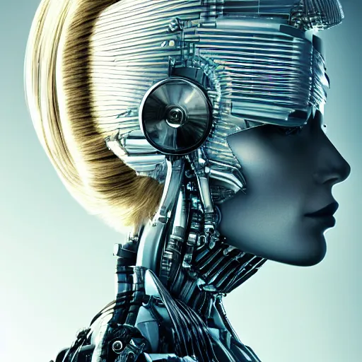 Prompt: panorama of a very pretty blond borg queen on a borg ship, cybernetic implants, perfect face, symmetrical face, moody lighting, shallow depth of field,