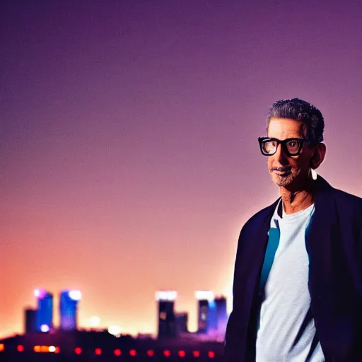 Image similar to a still of Jeff Goldblum . Shallow depth of field. City at night in background, lights, colors ,studio lighting, mood, 4K. Profession photography