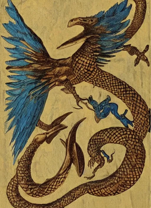 Image similar to Aspis a fantasy charater Proto-Slavic mythology, a winged snake with two trunks and a bird's beak. Aspis is invulnerable to conventional weapons, it cannot be killed with a sword or arrow, but can only be burned