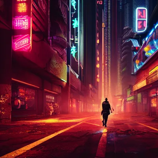 Image similar to A man with nothing left to lose, wandering in the hostile neon-soaked dirty streets of a city from the future, armed and dangerous, cyberpunk. night, rain, dark clouds, realistic 4k octane beautifully detailed render, 4k post-processing, highly detailed, intricate complexity, epic composition, magical atmosphere, cinematic lighting, masterpiece, ultra hd