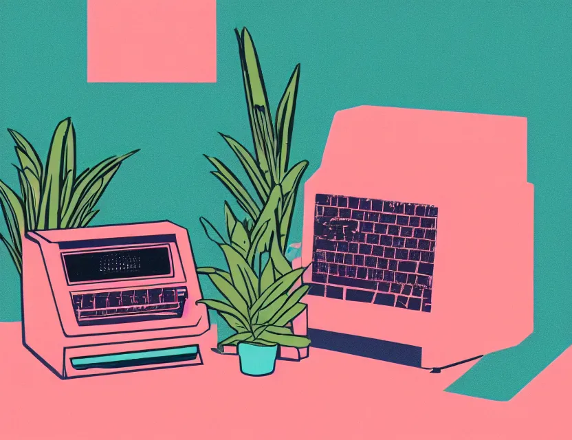 Prompt: 1 9 5 0 s risograph print of a retro computer on a table next to a potted plant, in shades of peach, pink, and teal gradient