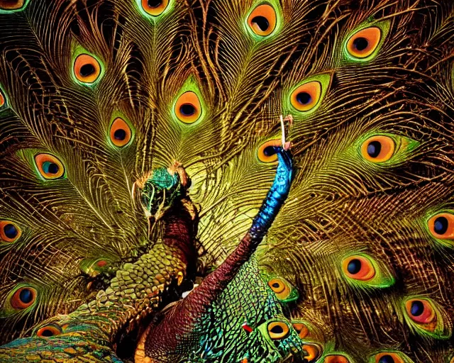 Prompt: dragon bronze ( ( ( ( peacock ) ) ) ). intricate, centered, amazing composition by amano yoshitaka, by rembrandt 1 6 6 7, illustrious makinami, digital art, digital painting, artstation trending, unreal engine, beautiful light and shadows, matte, fractal flame, transparent jellyfish, transparent feathers, bio luminescent, ice, water