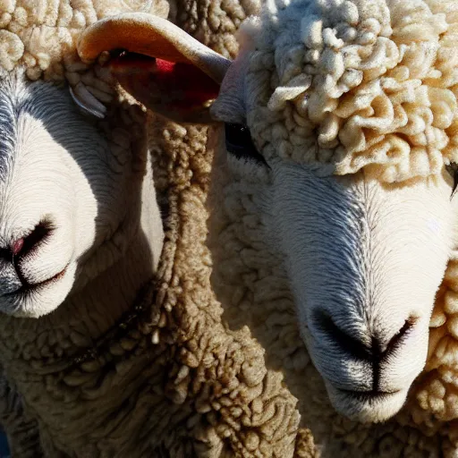 Image similar to sheep closeup with two sheep companions, beautiful, intricate, hyper detailed