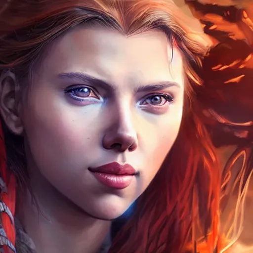 Prompt: a portrait of scarlett johansson as aloy by artgerm, highly detailed, intricate environment, atmospheric lighting - n 9