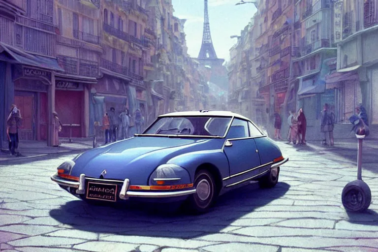 Prompt: a wholesome beautiful animation key shot of!! one!! focused!! 1 9 7 4 citroen ds!! in a paris street, medium wide shot, studio ghibli, ( pixar ) and disney animation, sharp, very detailed, high resolution, rendered in unreal engine 5, anime key art by greg rutkowski, bloom, dramatic lighting