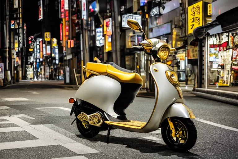 Prompt: a scooter made of gold in the streets of Tokio at night