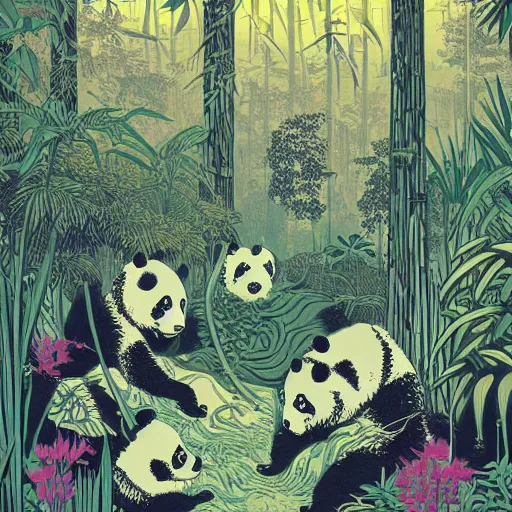 Prompt: pandas, and other wild life in a linocut print of lush fantasy forest, amazing art, highly detailed, intricate, color, masterpiece, by victo ngai, craig mullins