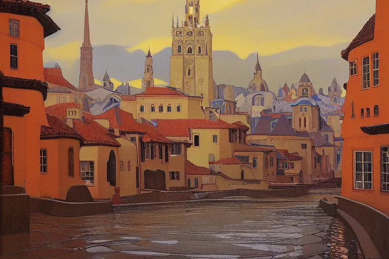 Image similar to view of the old city and its tree-lined winding streets still wet after a storm, tall windows lit up, beautiful ornamental architecture, dramatic cinematic lighting, rich colors, by Nicholas Roerich and and William Dyce and ford madox brown and April Gornik and Ludwig Deutsch and Sylvain Sarrailh , featured on artstation