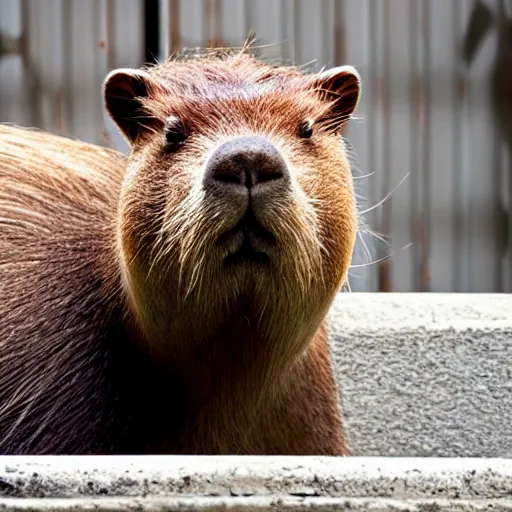 Image similar to capybara head, a man wearing a suit capybara head (smoking cigar)