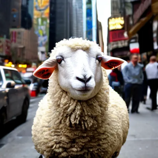 Image similar to sheep from 'Sheep in the Big City' drinking a beer. New York City.