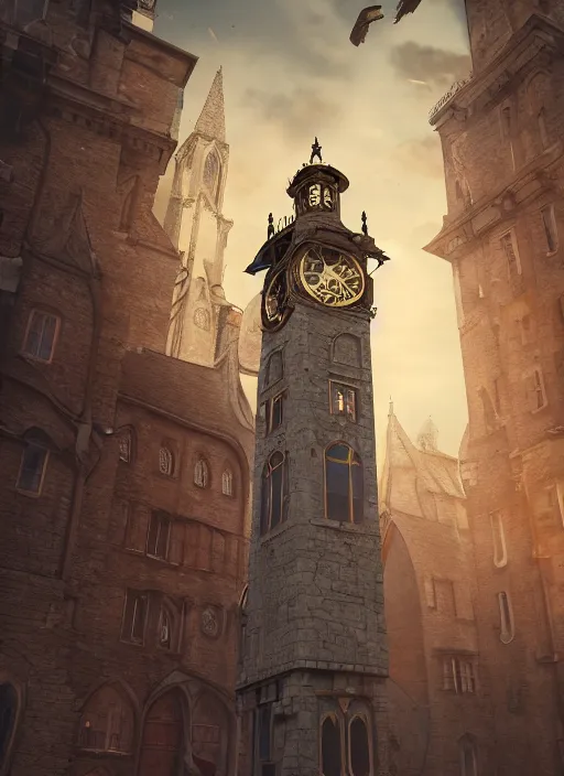 Prompt: tall stone clock tower flying above a medieval town, fantasy, hyperdetailed, artstation, cinematic lighting, digital art, 8 k