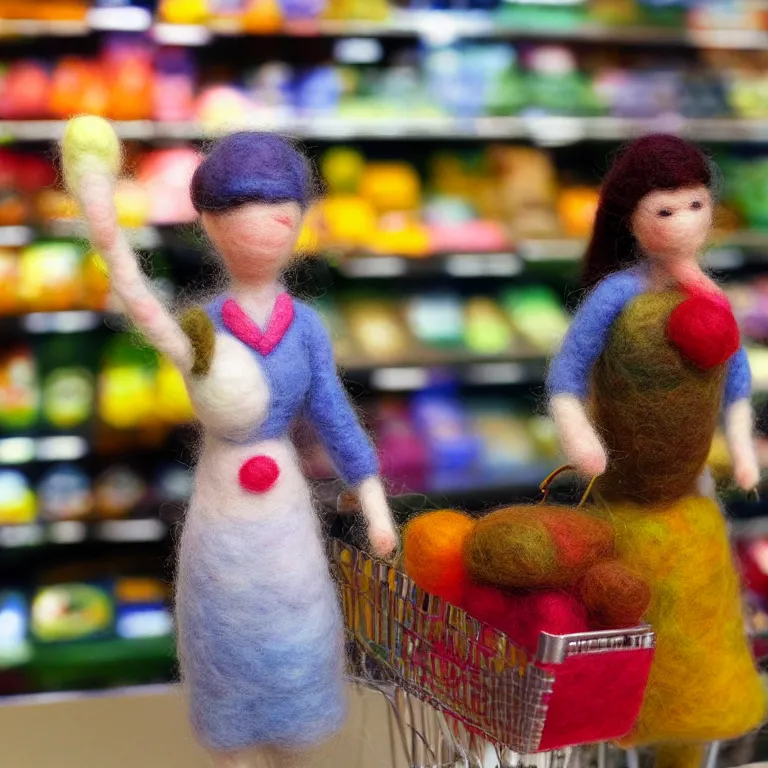 Prompt: needle felted person paying for the supermarket, highly detailed, tilt shift, cute, hyperrealism, highly textured, god rays