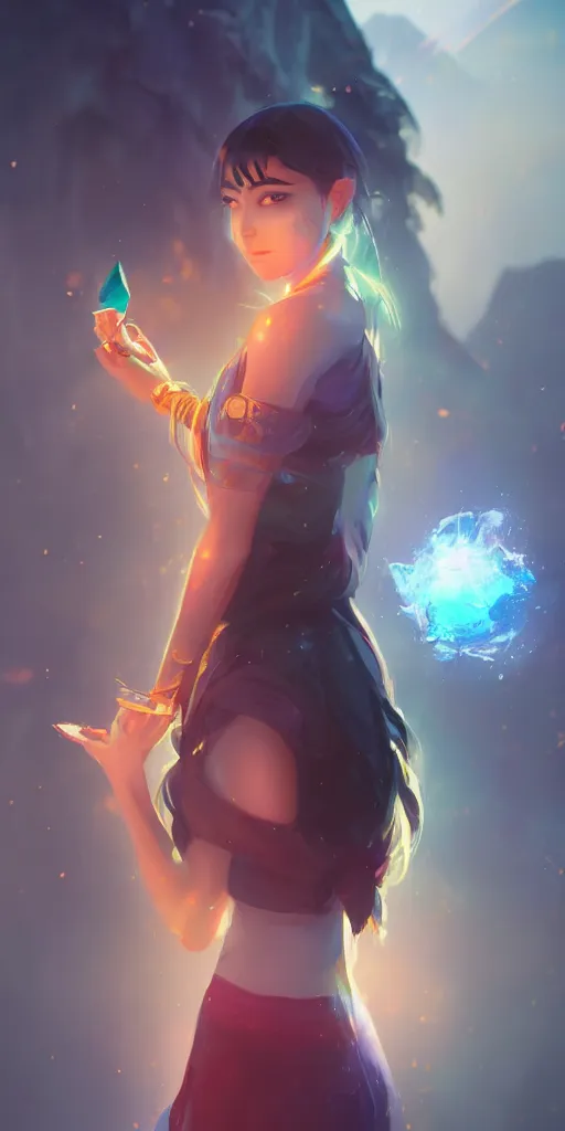 Image similar to beautiful young Himalayan woman with psychic powers, holding crystals, sad, futuristic, somber, by Makoto Shinkai and Wojtek Fus, by studio trigger, rossdraws, dramatic lighting, reflective light