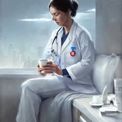 Prompt: a portrait of an nurse in a white uniform sitting and drinking coffee, Matte painting , detailed painting, greg rutkowski