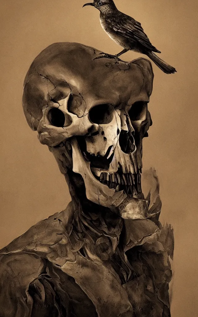 Prompt: portrait of a man with a bird skull, dynamic composition, dramatic lighting, hyperrealistic, ultra detailed