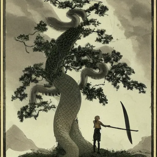 Prompt: A beautiful photograph of a large, looming creature with a long, snake-like body. The creature has many large, sharp teeth, and its eyes glow a eerie green. It is wrapped around a large tree, which is bent and broken under the creature's weight. There is a small figure in the foreground, clutching a sword, which is dwarfed by the size of the creature. mariachi by Marianne von Werefkin, by Worthington Whittredge manmade