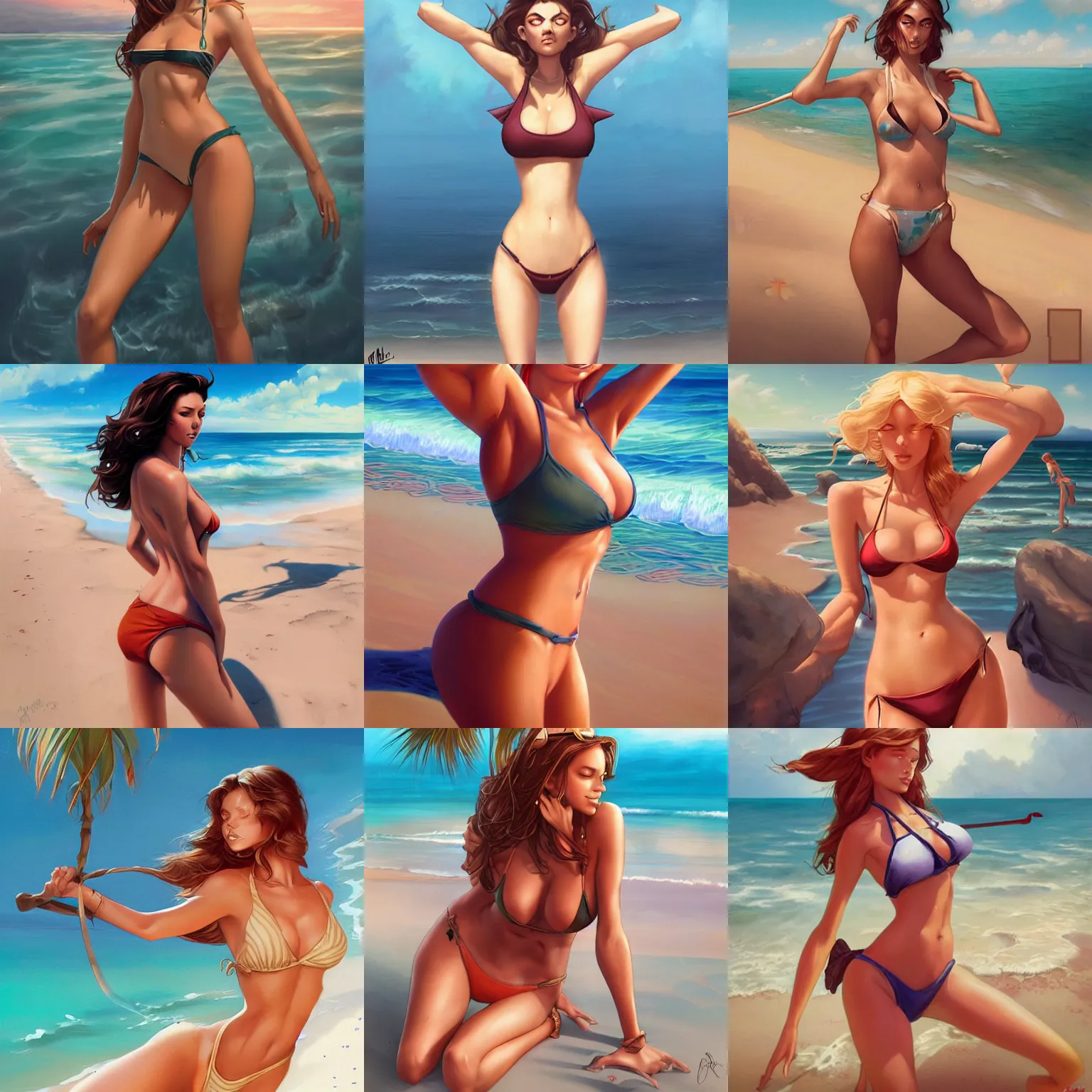 Prompt: a girl in a bikini, at the beach, Full-bofy plan, ultra detailed, by Artgerm and Peter Mohrbacher