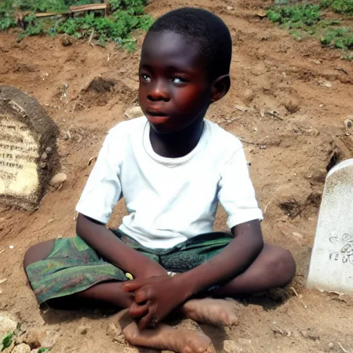 Image similar to a nigerian boy sitting next to a grave, the grave has an engraved text that says rip anglettere super detailed, accurate text, sunflare.