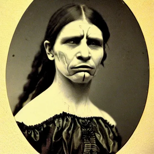 Image similar to victorian photo portrait of a scary horror monster and a native american warrior girl, 1825