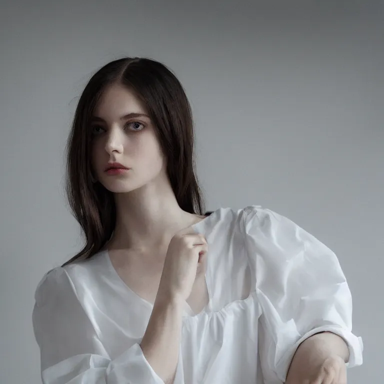 Image similar to cute sasha blouse in a white room, beautiful face, pale skin, rule of thirds, cinematic lighting, rainy weather, melancholy atmosphere, sharp focus, backlit, stunning, model agency, smooth, hard focus, full body shot, instagram photo, shot on iphone 1 3 pro max, hyper realistic,