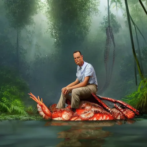 Image similar to Tom Hanks as forrest gump sitting on a giant shrimp in the jungle, realistic digital painting, in the style of Raphael Lacoste, photoreailstic, realistic face, amazing detail, sharp