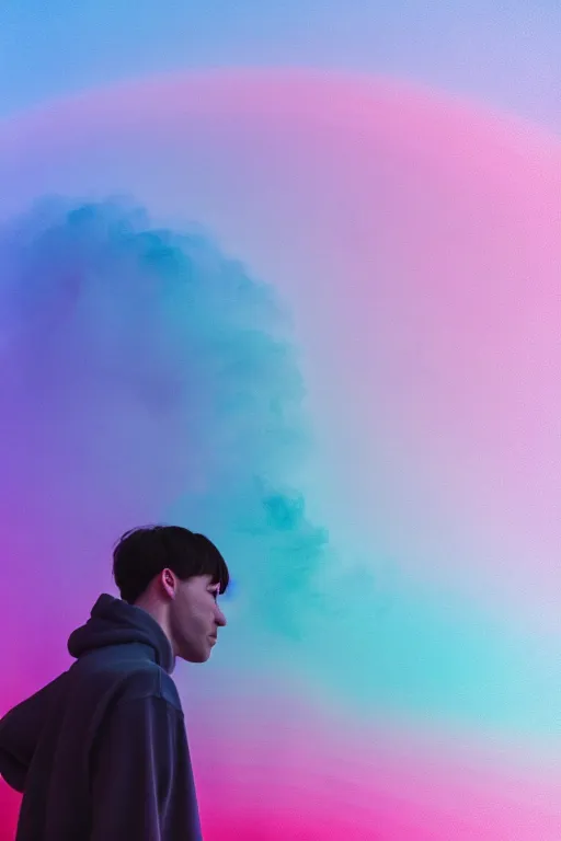 Image similar to high quality pastel coloured film photograph of a man wearing a black hoodie resting on cloud furniture clouds in a haze filled dreamstate world. three point light, rainbow. photographic production. art directed. pastel colours. volumetric clouds. pastel gradient overlay. waves glitch artefacts. 8 k. filmic.