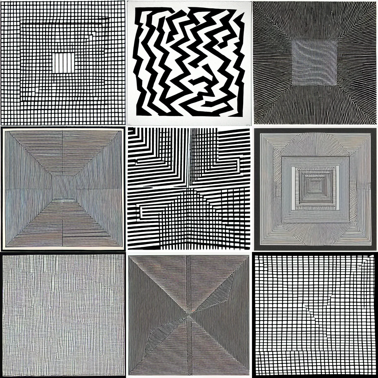 Prompt: an abstract picture a 64 squares arranged in a 8x8 grid, hundreds of pencil lines, Sol LeWitt, black and white