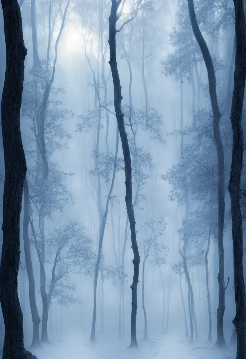 Image similar to backlit path in the middle of a frozen winter morning forest, treelined, fog, matte painting, mystical, ultra high definition, ultra detailed, matte painting, by greg rutkowski and ross tran and wlop