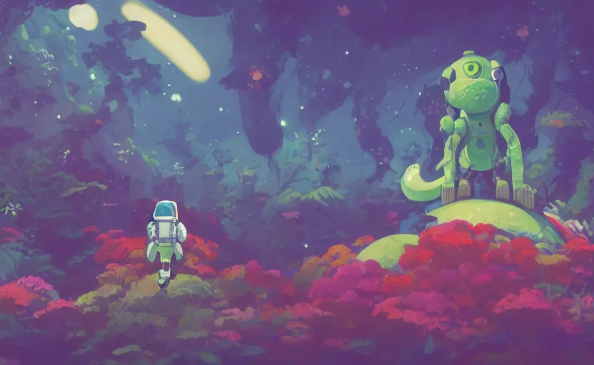 Prompt: a still of a cute adorable tiny astronaut, on a planet of lush colorful foliage, with an enormous kaiju dragon surrounding the full background, magical forest, sharp focus, neon backlit, highly detailed, disney pixar studio ghibli makoto shinkai, digital painting, matte, octane render, cinematic bloom, global illumination, iridescent, anime, 8 k concept art