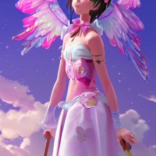 Prompt: A beautiful portrait of a magical girl from the rainbow sky paradise in the process of transforming into her magical girl outfit, character design by Goro Fujita, very beautiful background by Makoto Shinkai, Pixiv 3DCG, Daz Studio