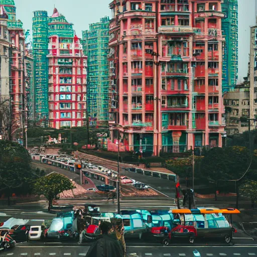 Image similar to Wes Anderson film style in ShangHai city, sharp focus , wideshot