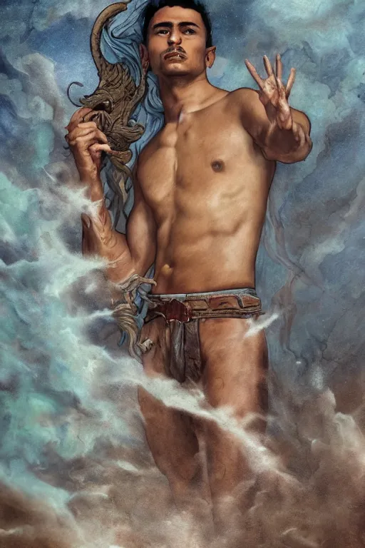 Prompt: a dramatic, epic, ethereal ( tarot ) painting of a handsome! brown shirtless cowboy | background is a dust cloud and dry river bed and cracked mud | tarot card, art deco, art nouveau | by mark maggiori | trending on artstation