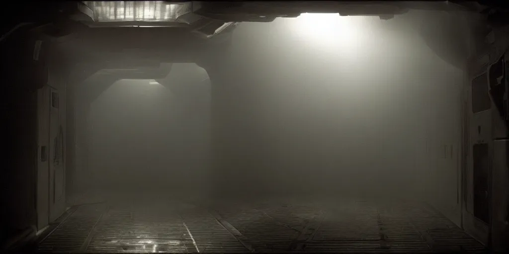 Image similar to a tight shot of a dark Alien ship interior corridor by Ridley Scott with lots of steam, Aliens movie, grainy, moody, dark, bleak