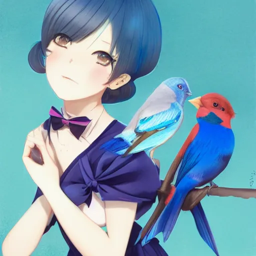 Image similar to colored pencil, anime art, beautiful full body female pinup girl, holding an indigo bunting bird, the bird is wearing a bowtie, wlop, rossdraws sakimimichan, ilya kuvshinov, krenz cushart, greg rutkowski