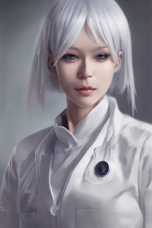 Prompt: a portrait of a scientist android girl with silver hair wearing white lab coat by artgerm and wlop and krenz cushart, painterly