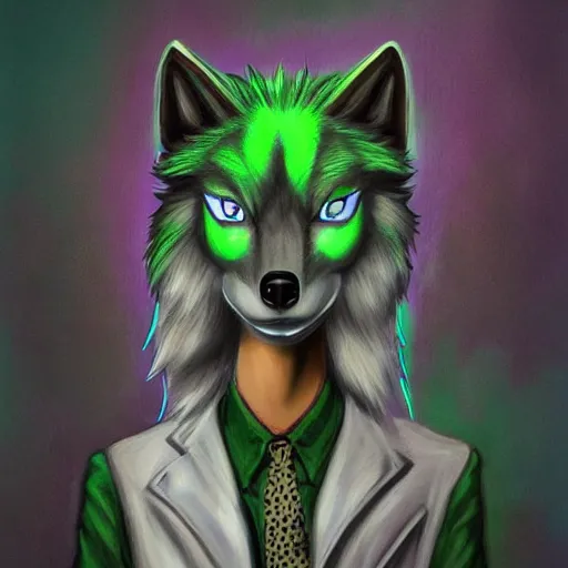 Image similar to Beautiful portrait digital painting, oil painting, anthro anthropomorphic pastel-green androgynous wolf, at a lake anarchist anarcho-punk Punk Punk outfit. furaffinity, artstation