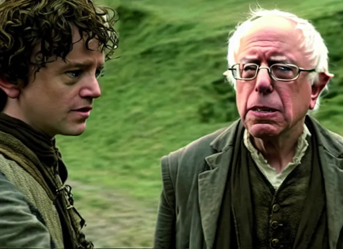 Image similar to film still of bernie sanders as frodo in lord of the rings movie, 8 k