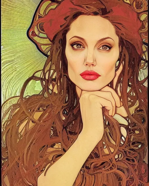 Prompt: Portrait of a Beautiful angelina jolie, Alphonse Mucha, Detailed