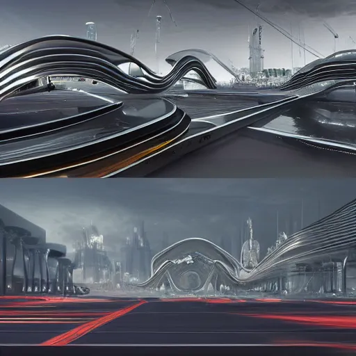 Prompt: sci-fi cars in center and wall near structure on the coronation of napoleon painting and digital billboard in the middle and everything in style of zaha hadid and suprematism forms, unreal engine 5, keyshot, octane, artstation trending, ultra high detail, ultra photo realistic, 8k, 16k, in plastic, dark, tilt shift,