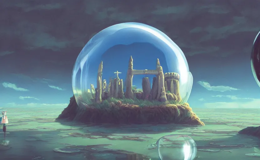 Image similar to a scary hyperrealist painting of a spaceship in a giant transparent bubble from howl's moving castle ( 2 0 0 4 ) in a flooded monument valley stonehenge jungle. depth perception, 4 k, artstation, in the style of studio ghibli