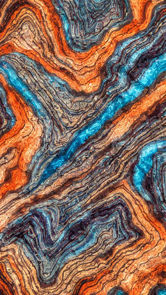 Image similar to vivid color, folded, tessellated planes of rock, alien sedimentary schematic, igneous rock, marbled veins, macro photography, 3D!!! diorama, depth of field with a patina of inlaid circuitry, layers of strata, mineral grains, dramatic lighting, rock texture, sand by James jean, geology, octane render in the style of Luis García Mozos