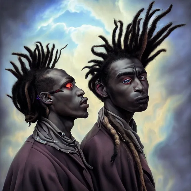 Image similar to hyperrealistic hyper detailed neo - surreal 8 5 mm portrait of two black goth male wikiing's with dreadlocks matte painting concept art hannah yata dali very dramatic soft light low side angle shot hd 8 k sharp shallow depth of field